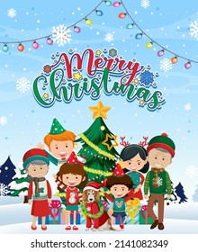 Merry Christmas logo with children and Christmas tree illustration