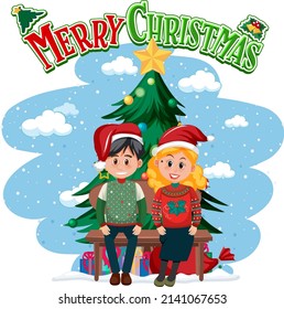 Merry Christmas logo with a couple man and woman illustration