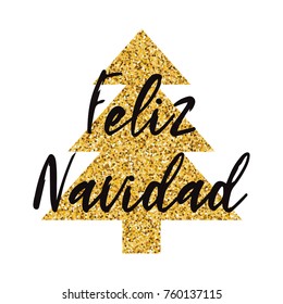 Merry Christmas logo decorated sparkle golden Christmas tree isolated on the white. New Year design template for print, sign, postcard, booklet, poster, banner, invitation, logo Inscription in Spanish