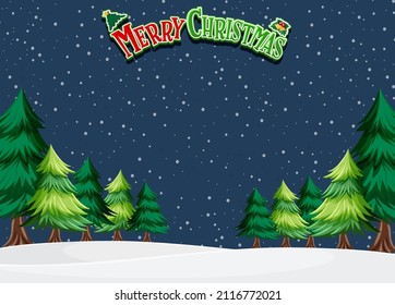 Diseño del logo de Feliz Navidad con ilustración de fondo de árbol de navidad