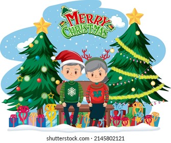 Logo de Feliz Navidad con pareja de ancianos sentada en una ilustración de banco