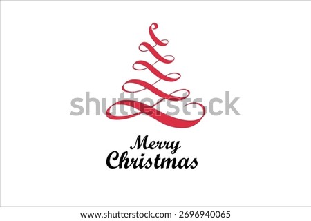 Merry Christmas Logo with Elegant Red Ribbon Christmas Tree on White Background.