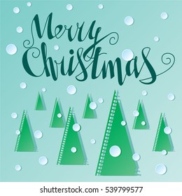 Merry Christmas Logo Lettering Design and Winter Landscape with Fir Trees Made of Photo Film and Falling Snowflakes - Blue Green and White Elements on Turquoise Background - Gradient Graphic Style