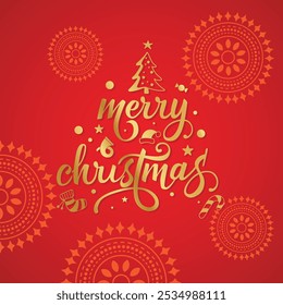 Merry Christmas logo or mnemonic with christmas icons like mistletoe, christmas tree, ornaments and candy in golden colours. vector illustration.