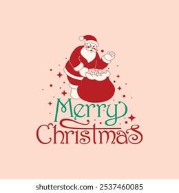 Merry Christmas logo or mnemonic with illustration of Santa Claus. Vintage style vector illustration.