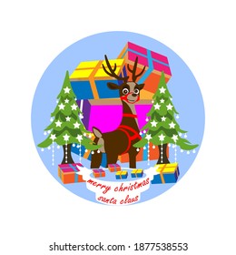 merry christmas logo with reindeer cartoon character