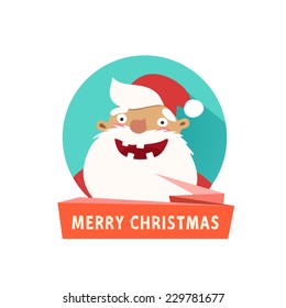 Merry Christmas logo template, flat icon with funny Santa Claus and red ribbon. Vector colorful illustration in flat design style isolated on white