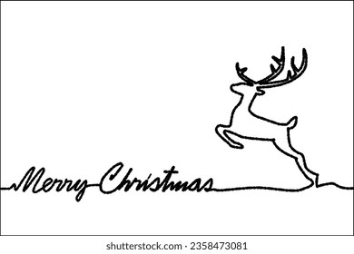 Merry Christmas logo text design. 
and reindeer jump continuous line drawing. Vector with black lines isolated on white background. Xmas festival.