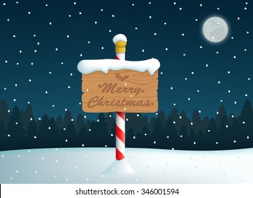 Merry Christmas Logo Wooden Sign On Pole With Snow Fall Background