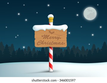 Merry Christmas Logo Wooden Sign On Pole With Snow And Stars Background