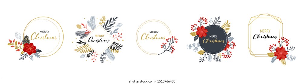 Merry Christmas logos, hand drawn elegant, delicate monograms isolated on white background. Hand drawn vector collection