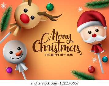 Merry christmas lollipop vector background. Merry christmas greeting typography with xmas elements of pine leaves, balls and santa claus, reindeer and snowman lollipop cover in orange background. 