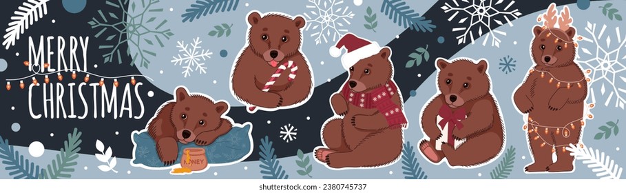 Merry Christmas long horizontal banner with cute bears and winter elements. Vector flat illustration in trendy colors.