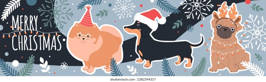 Merry Christmas long horizontal banner with cute dogs, text, and winter elements. Vector flat illustration in trendy colors.