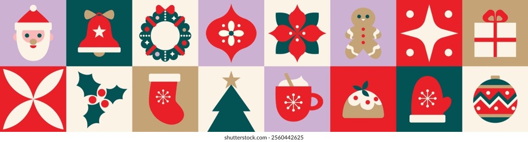 Merry Christmas long horizontal banner. Vector illustration, simple flat trendy modern design elements for greeting banner, poster, card. 