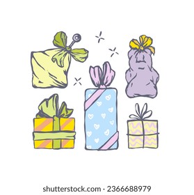 Merry Christmas. Lots of colorful gift boxes for Christmas and New Year for gifting. Elements for Christmas poster, greeting cards, headers, website. Toys and teddy bear are cute gifts.