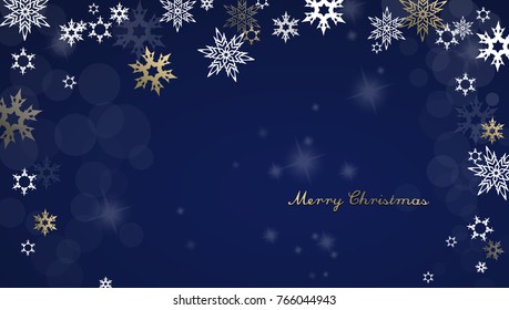 Merry Christmas with lots of snowflakes on blue background.