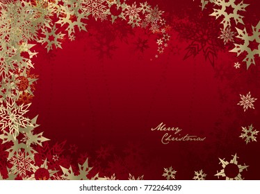 Merry Christmas with lots of snowflakes on red background.