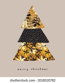 Merry Christmas. Lovely Card with Big Christmas Tree and Handwritten Wishes. Simple Winter Holidays Vector Illustration with White Spots and Abstract Flowers on a Light Dusty Brown Background. 