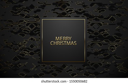 Merry Christmas luxury banner. Golden text on black square label frame. Dark technology geometric gold line pattern background. Vector illustration. Vip invitation or greeting card design