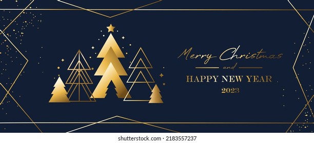 Merry Christmas Luxury design template with abstract geometric shapes and golden trees. Elegant holiday vector illustration for invitation, banner, greeting card, and party. Navy and gold Xmas templat