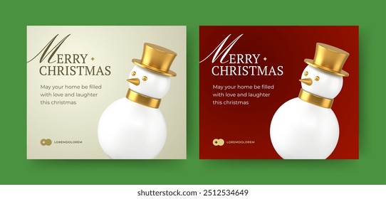 Merry Christmas luxury elegant social media post design template set realistic vector illustration. Happy New Year Xmas best wishes congratulations greeting card with snowman golden bauble toy