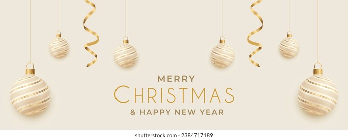 Merry Christmas Luxury Gold Website Header or Banner Design with Hanging Christmas Ornaments