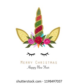 Merry Christmas magical Unicorn. Happy new year and merry christmas greeting card