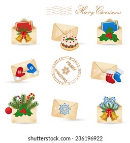 Merry Christmas mail icon set  with xmas symbols and mail envelops. Vector illustration.