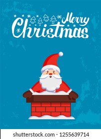 Merry Christmas major card with Santa look out from chimney. Vector cartoon Jack Frost stuck in stovepipe. Character of Father Xmas on blue background