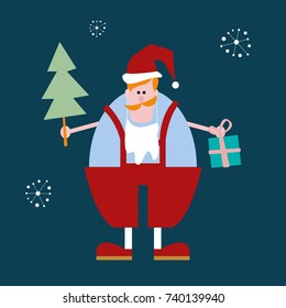 Merry Christmas. A man in a red cap, in a red overalls, with a gift and a fir-tree. White beard. Snowflakes. Greeting card.