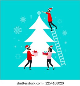 Merry Christmas. Man and woman with gift boxes. Cute vector card. Christmas tree.