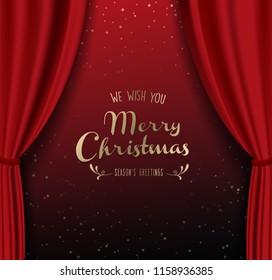 Merry Christmas with many snowflakes on red curtain background.