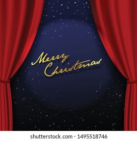 Merry Christmas with many snowflakes on red curtain background.