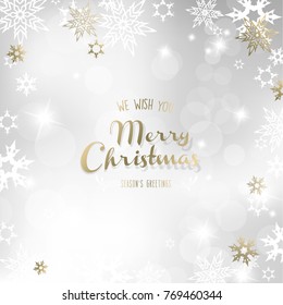 'Merry Christmas' with many snowflakes on light silver background.