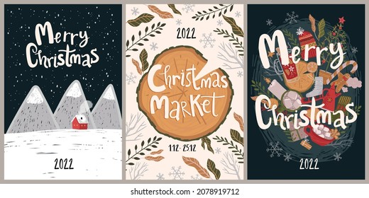Merry Christmas. Christmas market. Christmas greeting cards or posters with the winter illustrations and hand drawn lettering.
