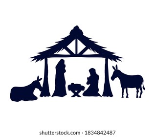 merry christmas mary joseph and baby jesus under hut silhouette design, nativity winter season and decoration theme Vector illustration