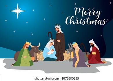 merry christmas mary jospeh baby jesus wise kings and animals manger scene vector illustration