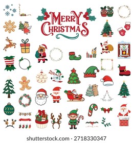 Mega Paquete de pegatinas de Navidades alegres. Conjunto de Vector lindo de Capybara, Santa, Cupcakes y Elementos de invierno. Colección de parches de Festiva para Planner.
