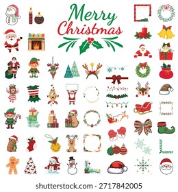 Feliz Navidades Mega paquete de pegatinas. Lindo Vector de dibujos animados conjunto de Elementos de Papá Noel, Elfo, Reno y Festiva con contorno blanco para el planificador y Scrapbooking.