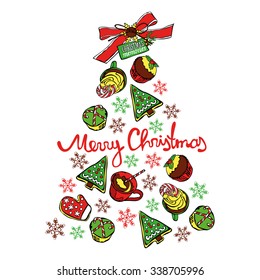 Merry Christmas. Christmas memories. Christmas tree. Christmas sweetness and pastries. Tea, coffee, hot chocolate. Isolated vector object on white background.
