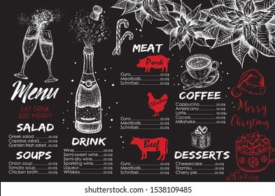 Merry Christmas menu. Design template. Vector hand drawn illustration.