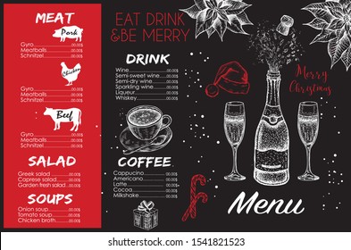 Merry Christmas menu. Design template. Vector hand drawn illustration.