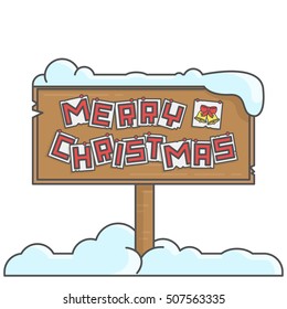 Merry christmas message board under snow, in line cartoon styles