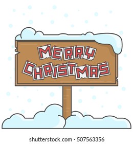 Merry christmas message board under snow, in line cartoon styles