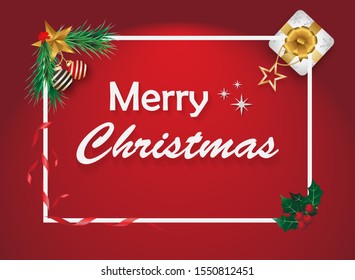 Merry Christmas message card frame design with golden star, fir branches, gift box, cherry, red ribbon on red background. Vector illustration.