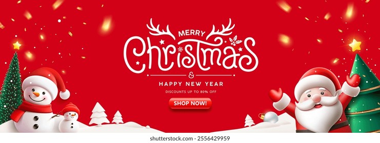 Merry Christmas message and Happy new year sale, Santa claus character and snowman, pine tree, banner design on red background, Eps 10 vector illustration