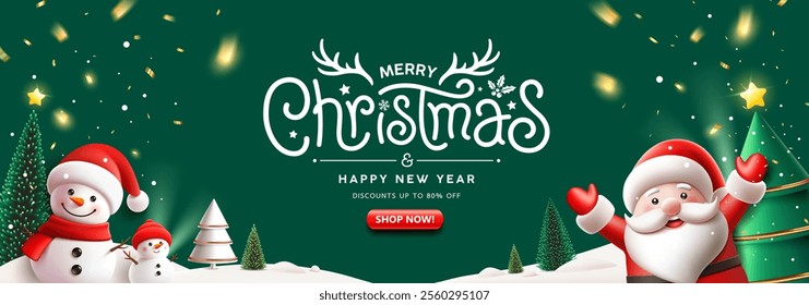 Merry Christmas message and Happy new year sale, Santa claus character and snowman, pine tree, banner design on green background, Eps 10 vector illustration