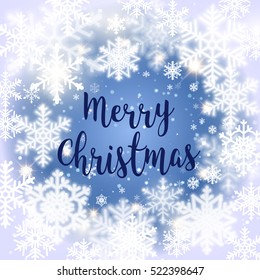 Merry Christmas message and light background with snowflakes. Winter holiday vector illustration
