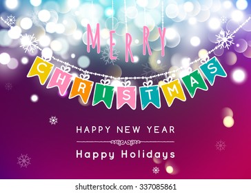 Merry Christmas message and light Bokeh background.  Vector illustration Eps 10.